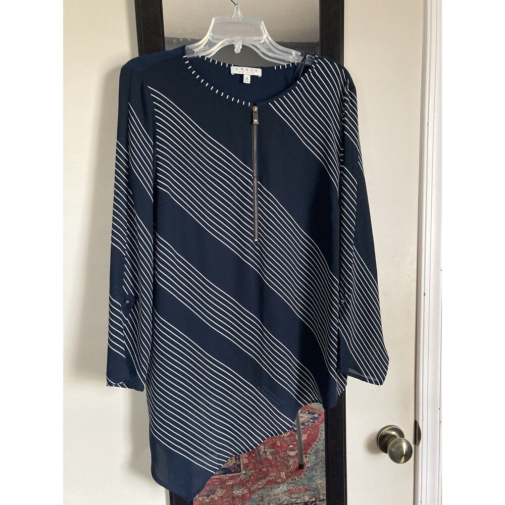 Chaus NY Top Medium Black White Striped Asymmetrical Front Zip Good Condition - Picture 16 of 16